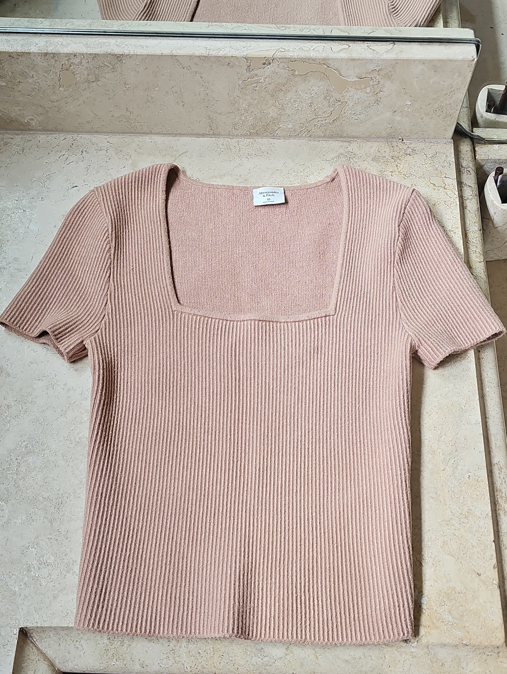 Abercrombie & Fitch Square-Neck Ribbed Short Sleeve Top - Blush